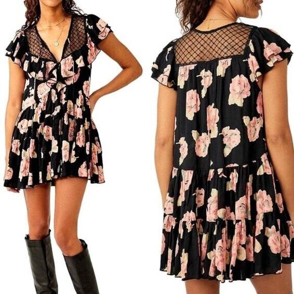 Free People Size M* Tilly Tiered Mini Dress V-Neck Floral Print - Picture 2 of 11